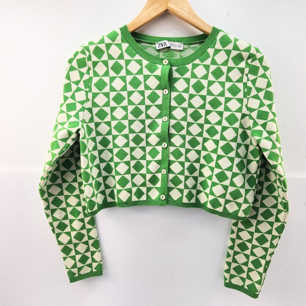 Zara Women's Green and Cream Cardigan, Lime Cream Cropped Button Up Top, Size Sm